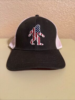 Black and White Trucker Cap with American Flag Sasquatch Patch